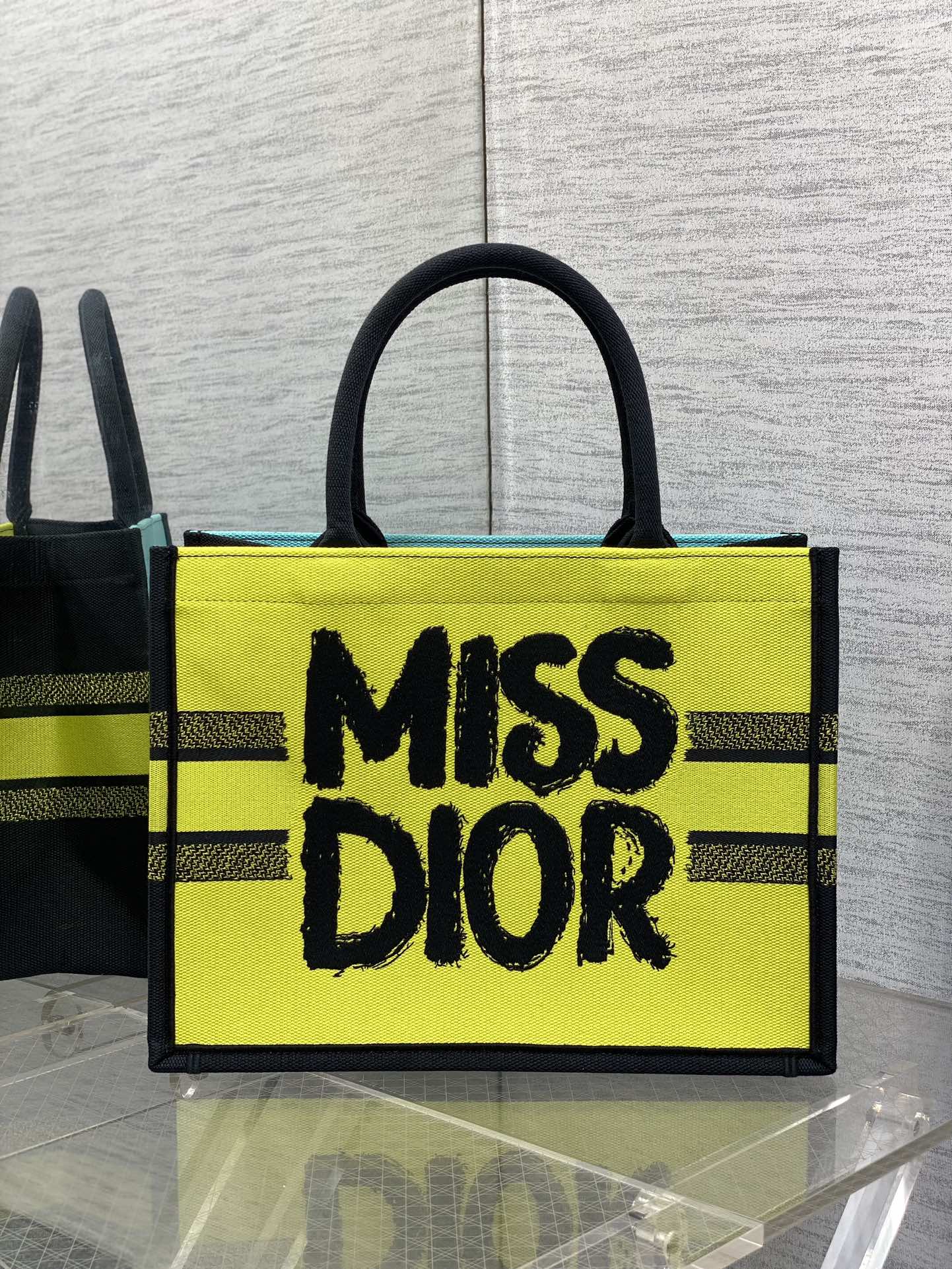 Large Dior Book Tote Bag Two-Tone Green and Blue Miss Dior Graffiti Embroidery